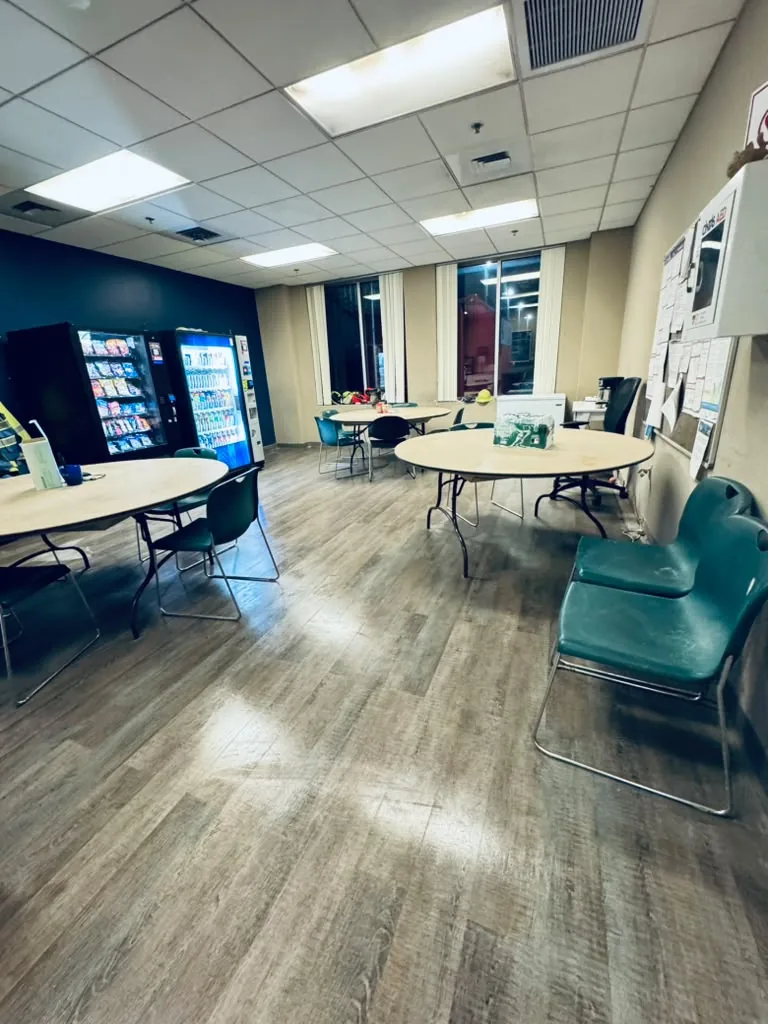 Clean commercial break room with polished floors after a 7 General Services cleaning in Greater Boston, MA