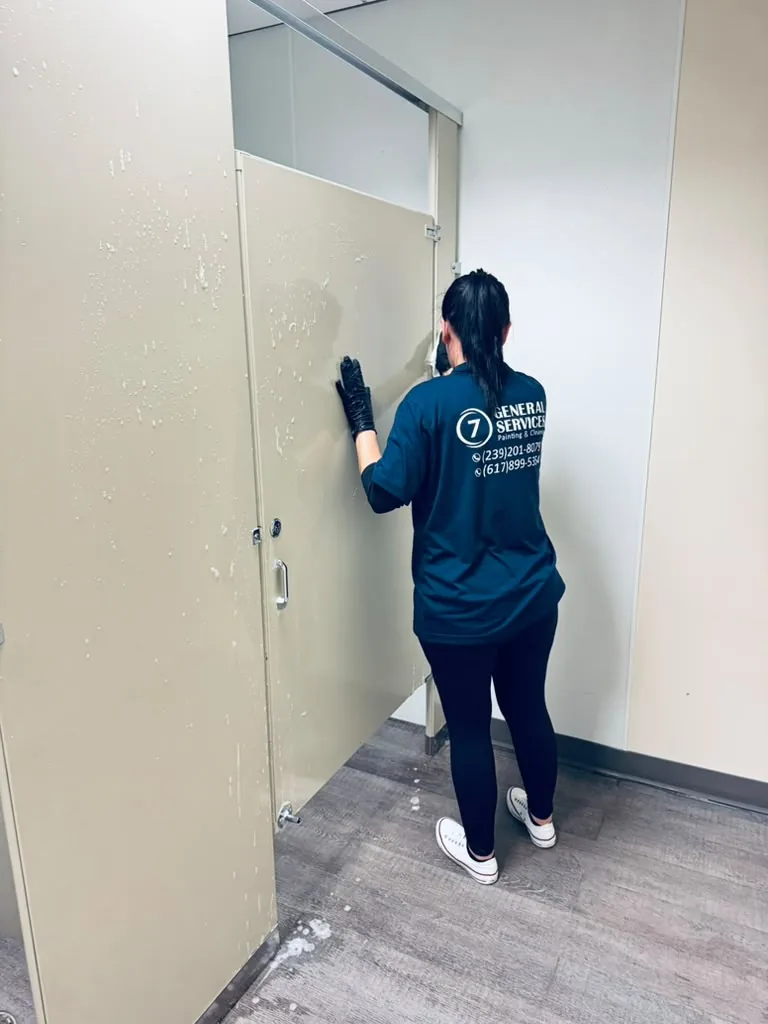 7 General Services cleaning a commercial restroom in Greater Boston, MA